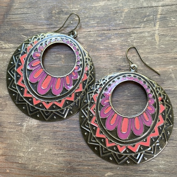 Bohemian Colorful Pattern Bronze Hoops - Picture 8 of 11